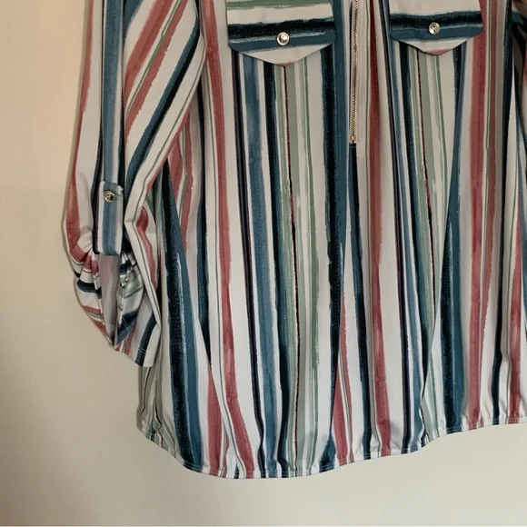 Women’s Large PERSEPTION CONCEPT Multi-Stripe Quarter Zip Blouse Top - Picture 5 of 6